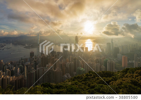 Aerial View of Hong Kong Cityscape on the sunrise time from the peak location which can see down town and Victoria harbour 38805580