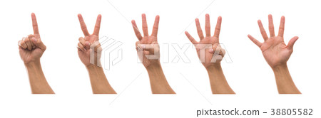 Five picture of Men hand showing the number collection in front side over white background, include clipping path 38805582