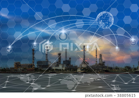 Communication network with multichannel omni channel of Oil and gas refinery at twilight - Petrochemical factory, Technology Smart City with Internet of Things concept 38805615