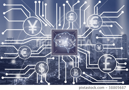 Abstract photo of FINTECH connection and Artificial intelligence of brain technology over the cityscape background,Showing the cryptocurrency or digital money,Fintech and AI concept Abstract photo of FINTECH connection and Artificial intelligence of brain technology over the cityscape background,Showing the cryptocurrency or digital money,Fintech and AI concept 38805687