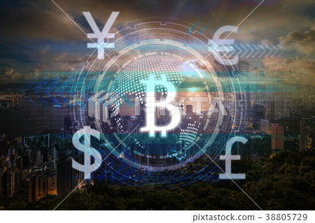 the financial technology or FinTech over the innovation technology virtual screen background with Aerial View of Hong Kong Cityscape on the sunrise time, business Fin tech network concept 38805729