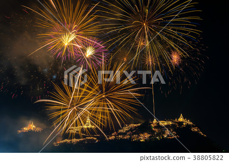 Landscape Scene of multicolor Fireworks annual festival over the Phra Nakhon Khiri (Khao Wang) which is ancient one of the landmark in Phetchaburi Province Thailand. Celebration concept Landscape Scene of multicolor Fireworks annual festival over the Phra Nakhon Khiri (Khao Wang) which is ancient one of the landmark in Phetchaburi Province Thailand. Celebration concept 38805822