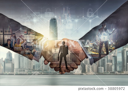 Double exposure of shaking hands of partner which have various group of Multiethnic Business people working and brainstorming over the Hong Kong Cityscape at the sunrise time, Business people concept 38805972