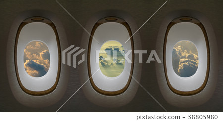 Three Airplane window with Clouds and sky as seen through window of an aircraft, travel and transportation mockup concept Three Airplane window with Clouds and sky as seen through window of an aircraft, travel and transportation mockup concept 38805980