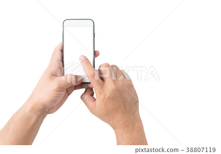 hand man hold mobile phone with white screen hand man hold mobile phone with white screen 38807119