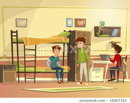 Vector cartoon students group in dormitory room 38807365