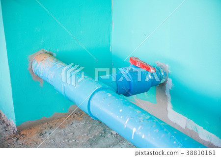 Water valve connects to PVC pipe. 38810161