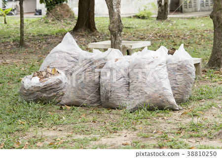 Pile of full white garbage bags on the grass Pile of full white garbage bags on the grass 38810250