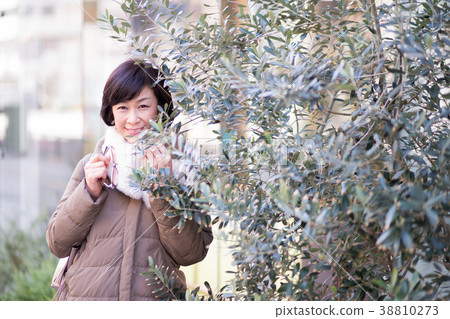 Olive trees and women There were many olives planted on the north side of Shinjuku Marui Annex. 38810273