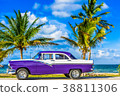 HDR - blue white vintage car on the beach in Cuba 38811306