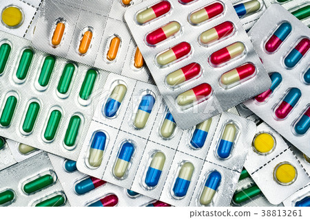Top view of capsules pills in blister packs Top view of capsules pills in blister packs 38813261