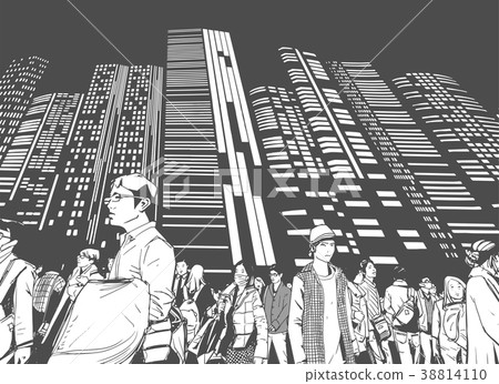 Illustration of city crowd with tall buildings Illustration of city crowd with tall buildings 38814110