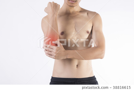 Young man arm and elbow joint pain on white  38816615