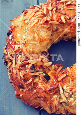 cake with dry fruits and nuts on blue background cake with dry fruits and nuts on blue background 38819433