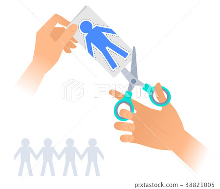 Hand with a scissors cuts out paper men chain. Hand with a scissors cuts out paper men chain. 38821005