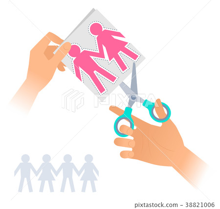 Hand with a scissors cuts out paper people chain. Hand with a scissors cuts out paper people chain. 38821006