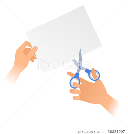 Hand with a pair of scissors cuts off a paper. Hand with a pair of scissors cuts off a paper. 38821007