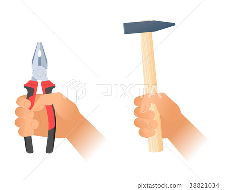 Hand holds a pliers and hummer with wood handle. 38821034