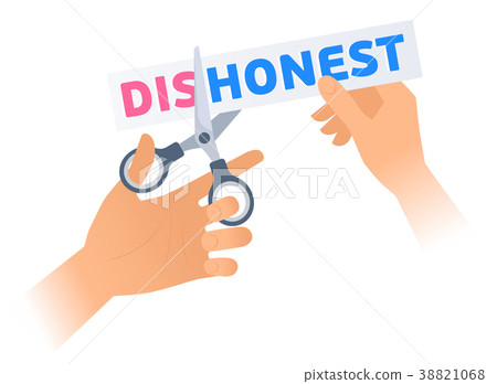 Human hand with a scissors cuts a phrase DISHONEST Human hand with a scissors cuts a phrase DISHONEST 38821068