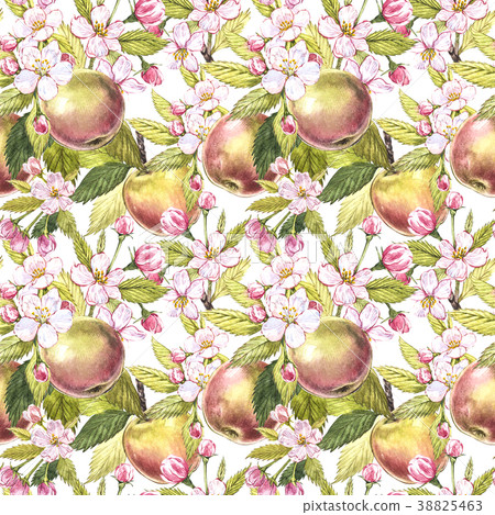 Apple flowers hand drawn seamless pattern - Stock Illustration ...