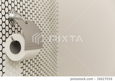 A white roll of soft toilet paper neatly hanging 38827038