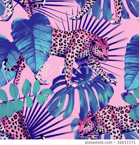 leopard and tropical plants seamless background 38831571