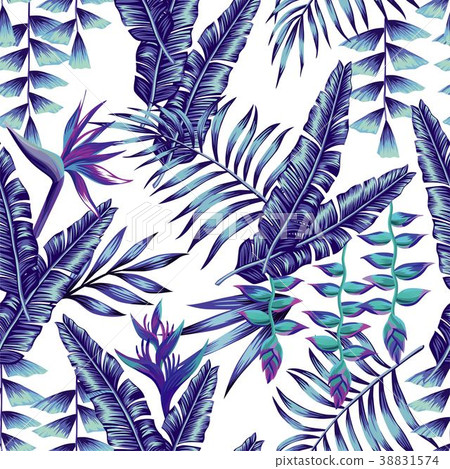 blue tropical flowers and palm leaves seamless 38831574