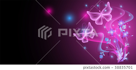 Neon butterfly and flowers Neon butterfly and flowers 38835701