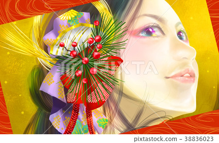 Kasho Girl (Red) Japanese Pattern Female New Year New Year's Card Spring Spring New Year 38836023