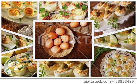 Easter background. Collage of delicious eggs Easter background. Collage of delicious eggs 38838489