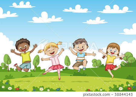 Happy jumping children. Funny cartoon character. Happy jumping children. Funny cartoon character. 38844143