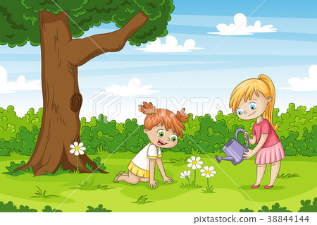 Two girls in the garden. Funny cartoon character. Two girls in the garden. Funny cartoon character. 38844144
