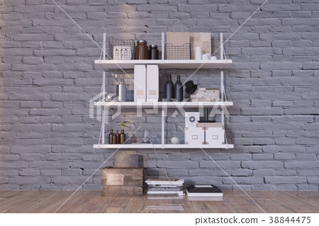 3d rendering of shelves on the brick wall 3d rendering of shelves on the brick wall 38844475