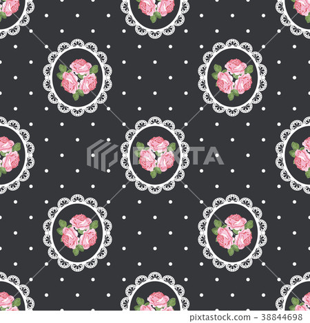Shabby chic rose seamless pattern on black polka 38844698