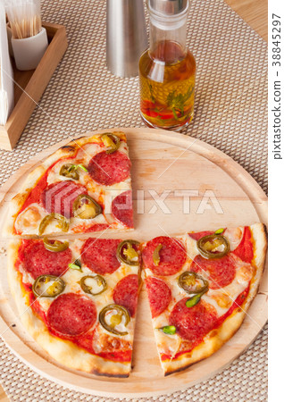 fresh pepperoni pizza in daylight in the cafe fresh pepperoni pizza in daylight in the cafe 38845297