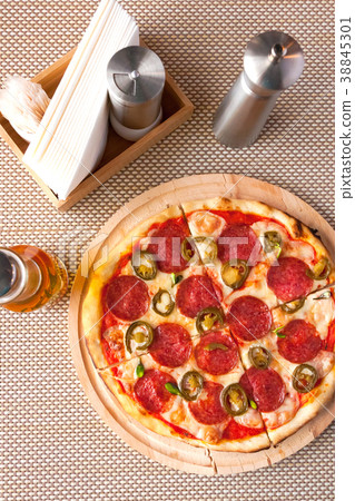fresh pepperoni pizza in daylight in the cafe fresh pepperoni pizza in daylight in the cafe 38845301