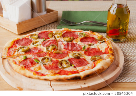 fresh pepperoni pizza in daylight in the cafe fresh pepperoni pizza in daylight in the cafe 38845304