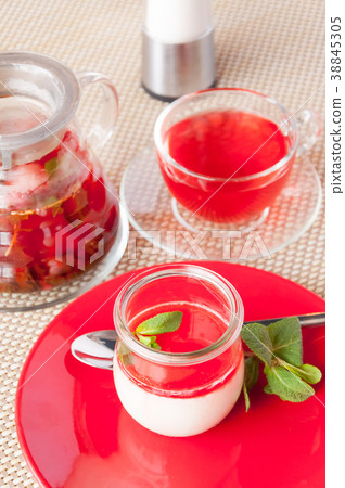 dessert, panacotta with mint on a red plate dessert, panacotta with mint on a red plate 38845305
