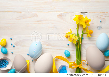 Easter Background with Easter Eggs and Flowers 38848451