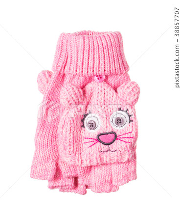 Knitted children's gloves face of cat. 38857707