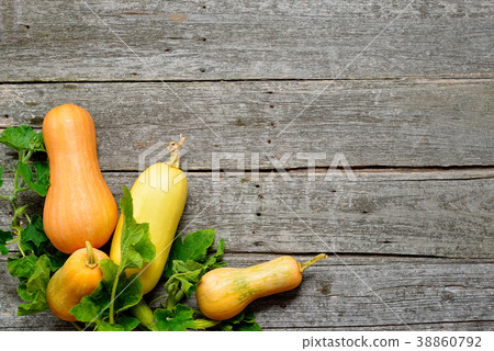 Pampkin and zucchini with green leaves on vintage Pampkin and zucchini with green leaves on vintage 38860792