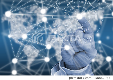 Finger touching network in front of glowing worl 38862947