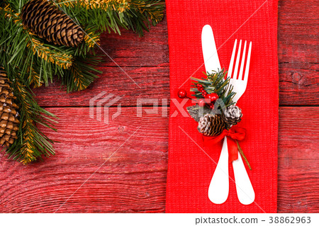 Photo of Christmas table with fork and knife Photo of Christmas table with fork and knife 38862963