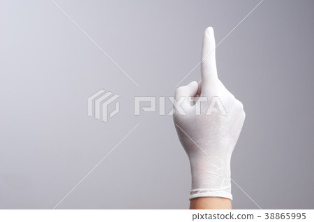 Hand wearing latex glove with number one index finger Hand wearing latex glove with number one index finger 38865995