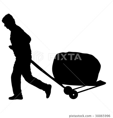 Black silhouette hard worker pushing wheelbarrow  38865996