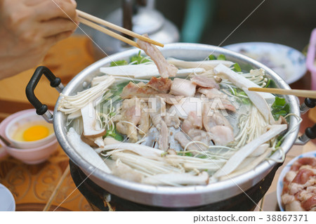 Thai common buffet, grill pork on hot pan 38867371