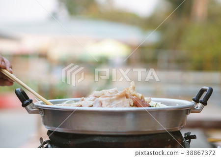 Thai common buffet, grill pork on hot pan 38867372