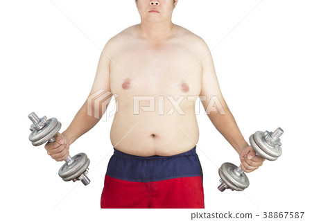 Asian fat man exercising holding dumbbell isolated 38867587