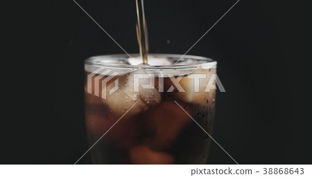 closeup cola pouring into glass with ice 38868643