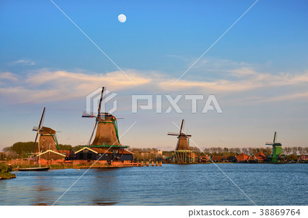 Windmills at Zaanse Schans in Holland in twilight 38869764